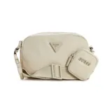 Bandolera color beige con correa ancha con logo Guess estampado. Incluye un monedero cuadrado con cierre y logo Guess en relieve.