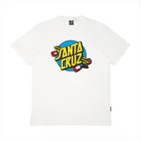 Remera blanca de manga corta con estampado del logo de Santa Cruz Skateboards en el frente.