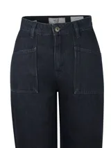 Pantalón de jean RKF modelo Noa, estilo cargo, color azul oscuro, de tiro alto y corte recto. Confeccionado en algodón orgánico con tecnología Natural Flex.