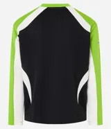 Remera de poliéster negra con mangas raglán verde lima y detalles blancos en los hombros. Presenta estampados con tipografías y gráficos en blanco en el frente.