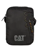 Bolso bandolera unisex CAT Explorer, color negro, con logo reflectante y detalles de cordones. Cuenta con compartimento principal con bolsillo interior, bolsillo delantero con cordón para llavero y correa ajustable para el hombro.