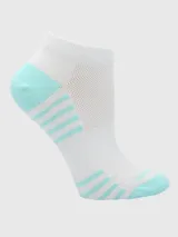 Calcetín deportivo corto de color blanco con detalles y franjas en color turquesa en el talón, empeine y puntera. Presenta tejido de malla transpirable en el empeine.
