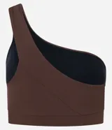 Top deportivo marrón de microfibra acanalada, con un solo tirante ancho, corte asimétrico y copas removibles.