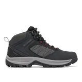 Bota de trekking Columbia Transverse Hike impermeable para hombre, color negro con detalles en gris y rojo.