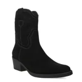 Botas texanas de mujer color negro, con caña media y diseño de costuras decorativas características del estilo cowboy. Poseen taco cuadrado de altura media y punta redondeada, confeccionadas en material sintético con acabado tipo gamuza.