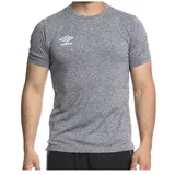 Remera deportiva gris jaspeado de poliéster con logo Umbro estampado en blanco en el pecho.