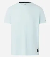Remera deportiva celeste de poliéster y elastano, con cuello redondo, mangas cortas y tecnología dry fit.