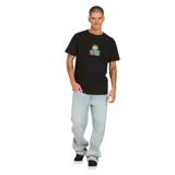Remera negra de manga corta con cuello redondo y estampado en el pecho con el logo de Volcom y un diseño de sol con un ojo.