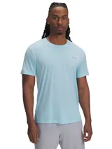 Remera deportiva Under Armour Launch Shortsleeve, color celeste con logo reflectivo en el pecho.