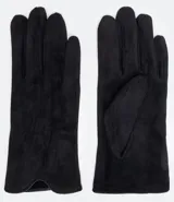 Guantes largos de mujer en color negro, confeccionados en material sintético que imita la gamuza (fake suede). Presentan un diseño liso y elegante, con un corte que se extiende más allá de la muñeca.