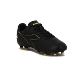 Zapatillas de fútbol negras con detalles dorados, diseño clásico y superficie sintética.