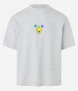 Remera gris melange de corte boxy, con cuello redondo y mangas cortas. Estampa frontal de Piolín con estrellas y texto.