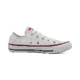 Zapatillas Converse modelo Chuck Taylor All Star Ox, de lona color blanco con detalles en azul y rojo en la suela.