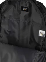 Mochila negra de poliéster ripstop 450D con detalles de cordón. Tiene un compartimento principal grande con bolsillo interior forrado, logotipo reflectante estampado, bolsillos laterales de malla, bolsillo frontal con cremallera y panel organizador con ranuras para bolígrafos y cordón para llaves.