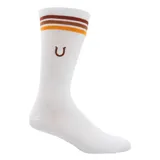 Calcetines blancos de algodón con rayas marrones y amarillas en el borde superior y logo de Caterpillar bordado en marrón.