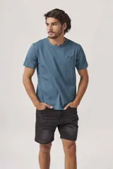 Remera gris de corte clásico con cuello redondo y mangas cortas.