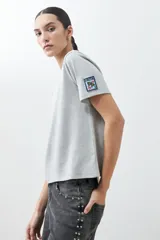 Remera de manga corta color gris claro con logo pequeño en la manga.