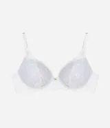 Soutien blanco de encaje floral con textura, modelo base con tirantes ajustables y copa hueca.