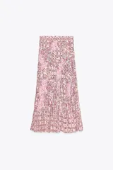 Falda larga de tiro alto con cintura elástica y tejido plisado con estampado floral en tonos rosa y lila.