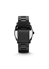 Reloj Fossil negro con caja redonda y correa de eslabones de acero inoxidable.