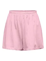 Short de tela color rosa claro con cintura elástica.