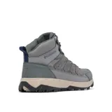 Bota de trekking Columbia Strata Trail Mid WP para hombre, color gris con detalles en azul y beige. Confeccionada con materiales impermeables y transpirables Omni-Tech™, empeine de malla y ante con refuerzos de cuero sintético, lengüeta reforzada, mediasuela Techlite™ y suela de caucho Omni-Grip™.