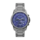 Reloj Armani Exchange modelo Banks con caja de acero color gris plomo de 44mm y esfera azul con cronógrafo.