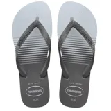 Ojotas Havaianas Top Basic negras con rayas horizontales azules y logo de la marca en la plantilla.