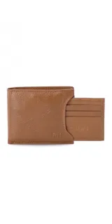 Billetera marrón de cuero con bolsillo al frente, tarjetero extraíble con elástico, doble compartimento para billetes, tarjeteros y bolsillos.