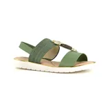 Sandalias bajas color verde con plataforma blanca y detalles dorados. Presentan dos tiras anchas con apliques de piedras marrones y doradas.