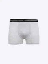 Boxer gris liso con cinturilla elástica negra, diseño básico y cómodo.