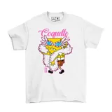 Remera blanca de algodón con estampado de Bob Esponja con gafas de sol, abrigo de piel y texto "Coquette".