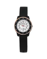 Reloj Mistral con correa de silicona negra, esfera blanca con números arábigos y bisel color cobre con números. Resistente al agua 100m.
