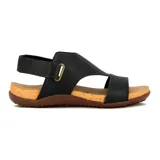 Sandalia casual de mujer color negro, con dos tiras anchas en el empeine y pulsera con hebilla al tobillo.