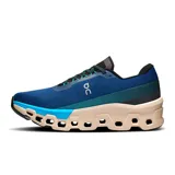 Championes de running On Running Cloudmonster 2, color azul con detalles en gris, negro y beige.