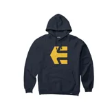 Canguro azul marino con capucha y bolsillo tipo canguro. Estampado frontal con el logo de Etnies en amarillo.