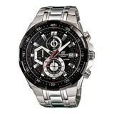 Reloj Casio Edifice plateado con esfera negra, cronógrafo y pulsera de acero inoxidable.