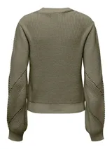 Sweater de punto color verde oliva, con cuello redondo y diseño calado en forma de V en el frente y en las mangas.