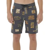 Short de baño Rip Curl Mirage Aots Ty Williams, color negro con estampado de figuras geométricas en tonos ocre y blanco.