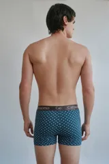 Boxer ajustado a rayas verticales azul marino y blancas, con cintura elástica gris con el logo de la marca Carouomo.