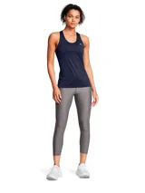 Calza de mujer Under Armour HeatGear® de tiro alto hasta el tobillo, color gris azulado, con cintura antideslizante y logo en la pierna.