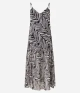 Vestido largo evasê de crepé con estampado de cebra, breteles finos y escote en V en la parte delantera y trasera.