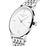 Reloj Rosefield con caja redonda de acero plateado de 36mm y esfera de nácar blanco. Malla de acero inoxidable plateada con sistema intercambiable. Resistencia al agua de 3 ATM.