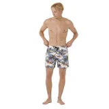 Bermuda de baño Rip Curl Dreamers con estampado de palmeras en tonos celeste, beige y marrón.