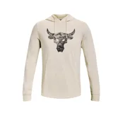 Buzo Under Armour color crema, con capucha y cordones ajustables. Estampado frontal con el logo de Project Rock en negro.