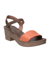 Sandalias de cuero marrón con plataforma de 6 cm y capellada color naranja tejida.