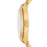 Reloj Michael Kors modelo Lennox, color dorado, con caja de acero inoxidable de 37mm, esfera blanca con números romanos dorados y movimiento de tres agujas.