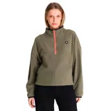 Buzo polar verde militar para mujer, marca Caterpillar. Cuenta con cierre a mitad del pecho con cremallera color naranja, bolsillo tipo canguro y logo de la marca en el pecho.