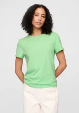Remera básica de algodón color verde claro, con cuello redondo y mangas cortas.