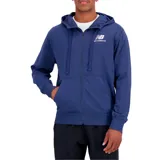 Campera azul marino con capucha y cierre frontal completo. Logo de New Balance estampado en blanco en el pecho. Cuenta con bolsillos laterales y está confeccionada en tejido de rizo francés.